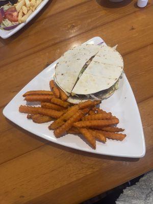 Quesadilla burger and sweet potato fries