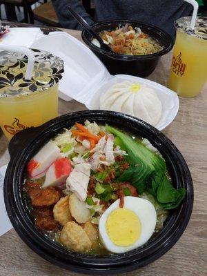 Lomi, calamansi juice, chicken siopao