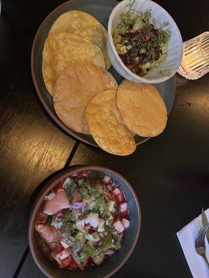 Guacamole with an incredible smoky salsa on top and Hamachi (like a ceviche)