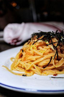 Mentaiko Tagliolini, Cod Roe, Butter, Red Chili Flakes, Tsuyu, Lemon, Shiso, Shredded Nori