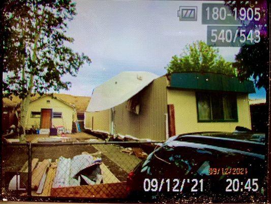 My roof having been completely blown off.