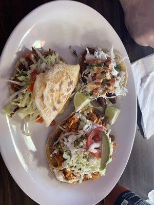 Chciken tostada, barbacoa gordita and fish taco