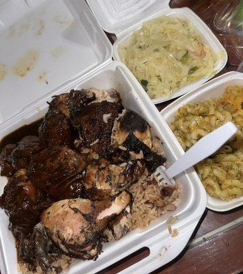 Jerk Chicken + Brownstew Chicken, Mac&Cheese, and Cabbage.