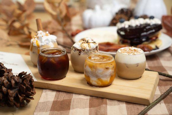 Fall Coffee Flight paired with Blueberry Lemon Ricotta Pancakes at JOJO Coffeehouse - Fall Menu
