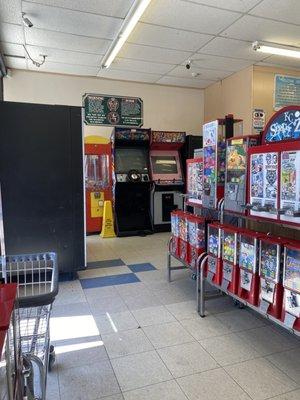 They have the vending machine with detergent, fabric softener, etc. Arcade machines and candy and toys dispensers.