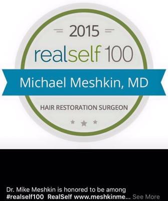 Dr Meshkin is honored to be among the best 100 doctors by realself