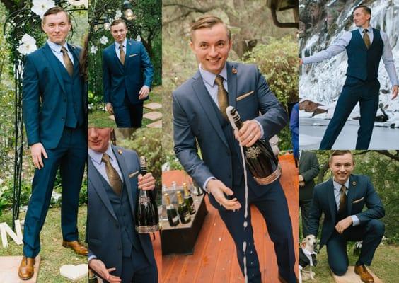 various photos from different angles of the suit Michael tailored; photocredit: Bon Miller