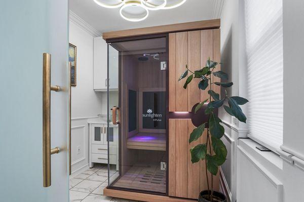 World's most advanced smart sauna, INFRARED SAUNA-combining near, mid, far infrared wavelengths with RED LIGHT THERAPY for muscle recovery