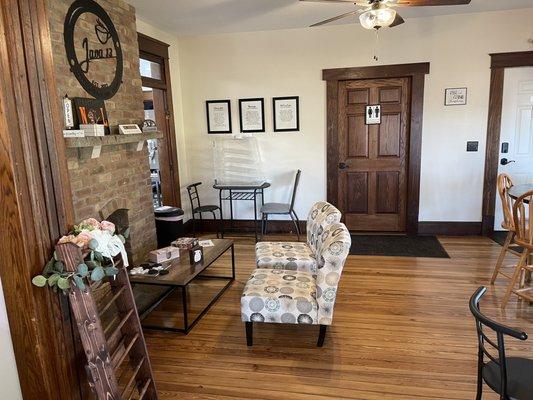 Cozy sitting area; gas logs coming soon!