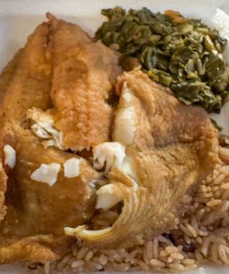 Small Talapia fish plate with red beans and rice with collards.