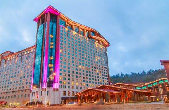 A peek of the exterior beauty that is Harrah's Cherokee Casino. One of our most requested trip locations for families, groups & more.