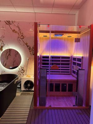 Sauna with different color lights, tv on other side to play music or Hulu/ Netflix.
