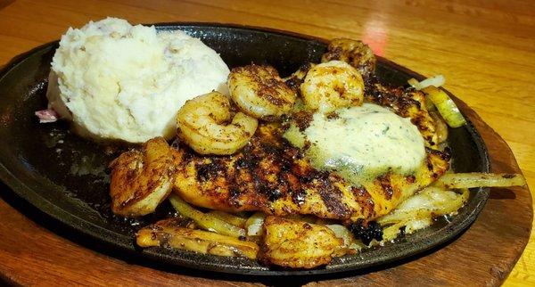Bourbon Chicken and Shrimp with Garlic Mashed Potatoes
