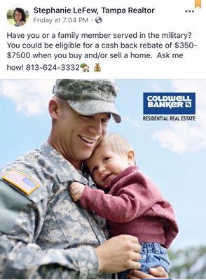 Nov 2019: $350 - $7,500 rebate for military & military veterans if buying/selling a house from Coldwell Bankers