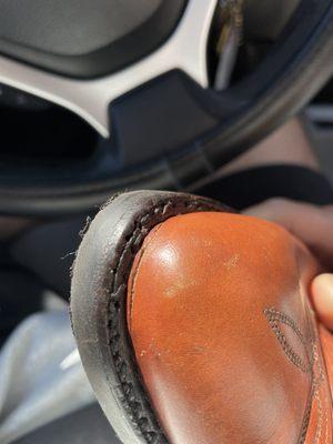 Missed stitching and sliced toe box from the stitching misalignment.