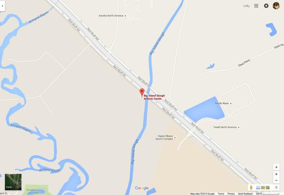 Map showing the location of the Big Island Slough Activity Center on Red Bluff Road, between Armand Bayou & Kipper Mease Sports Complex.