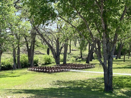 View of the seating for the wedding, a beautiful backdrop.