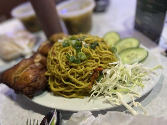 Chow making with fried chicken