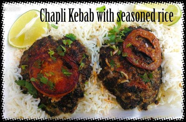 Chapal kebab with seasoned rice