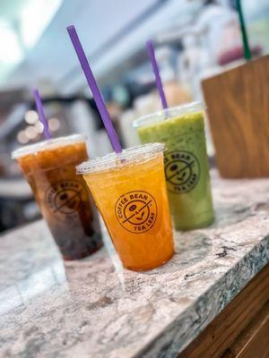 Iced Vanilla Bean Latte, Peach Green Tea, Matcha
