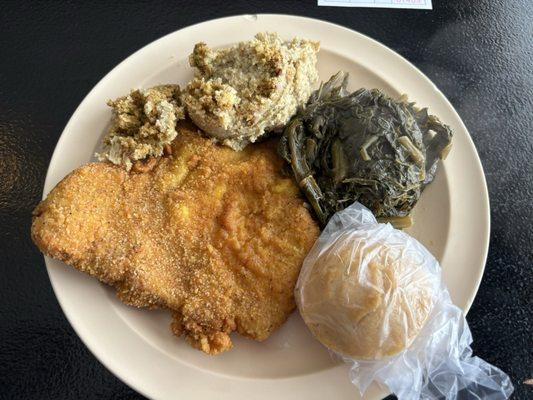 breaded, fried pork chops, greens, dressing, and cornbread