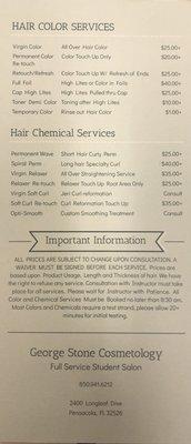 Services at students salon