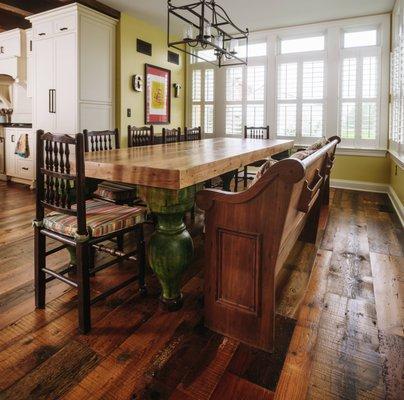 Weatherboard Flooring: crafted from reclaimed barn siding, this flooring is 3″-10″ wide, random width and 3′-14′ long, random length.