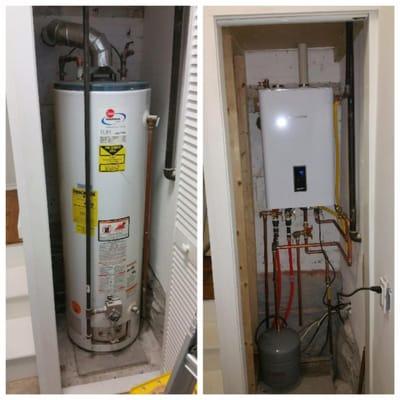 Old water heater in laundry room closet, replaced with Navien tankless combination boiler & water heater in the same closet.....