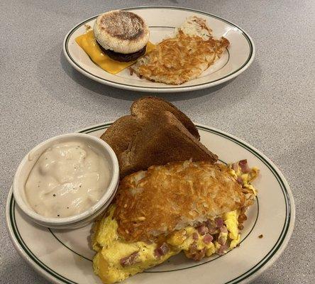 Breakfast sandwich (top) and stuffed hashbrowns with sausage gravy requested on the side (bottom)
