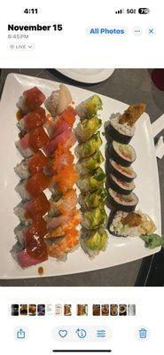 Double stack tuna, rainbow roll, spicy tuna, ell roll