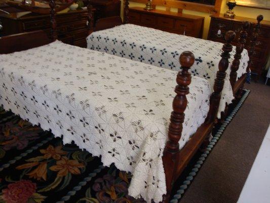 This hand crochet full size coverlets measure 95” by 67”. It has wonderful detail work throughout. $65.00 each.