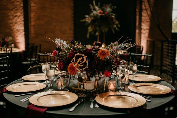 Romantic charger plates, napkins and table linen for wedding rentals and events.