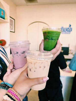 Lush ube latte, OG dura latte, strawberry matcha