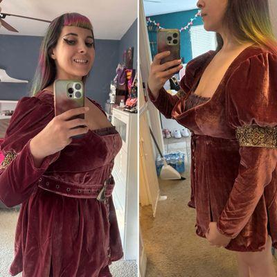 On the left: the dress after the tailor brought in the bust On the right: the dress before the tailor brought in the bust