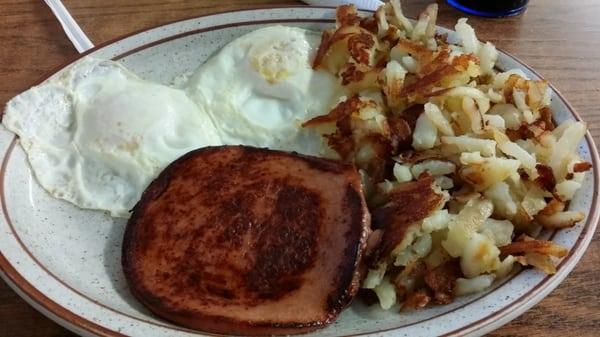 2 eggs, home fries and fried baloney. Great breakfast!