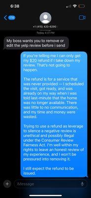 text message between me and them after i had called and they said they would refund me