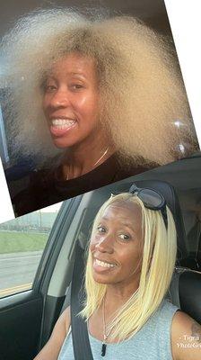 Before: top photo- after taking out my braids. After: bottom photo: blonde root touch up, blow out, and trim. xoxo