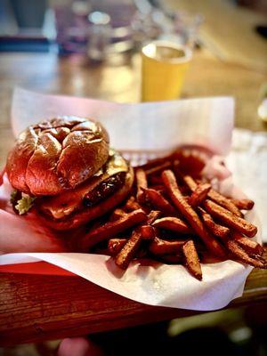 Cheese burger and sweet potato fries.