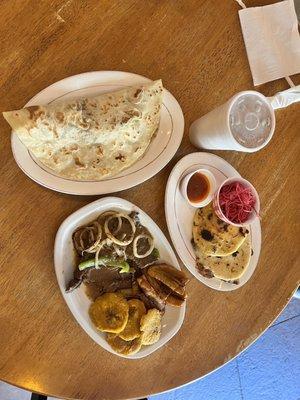 Baleada con todo, Peppered Steak, Cheese Pupusa, Pork & Cheese Pupusa, horchata