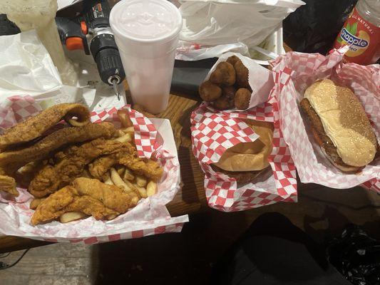 The basket was supposed to be chicken strips and Shrimp Basket instead was a catfish, chicken strips and fries