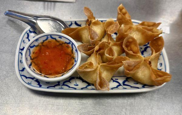 Crab Rangoons (minus 1) served with a sweet chili sauce. Tasty & had lots of crab flavor (think imitation crab tho) 7-29-25