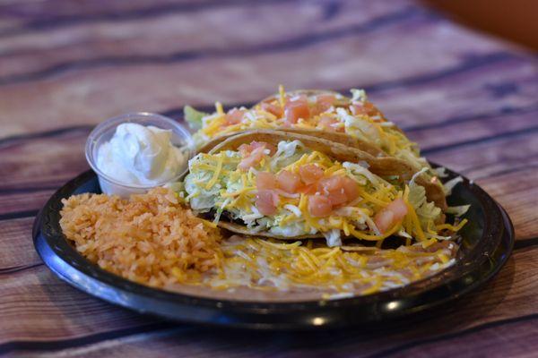 Combo #8: Two Hard Shell Tacos with Rice and Beans