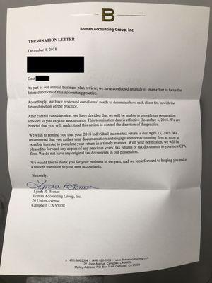 "Termination letter" from Lynda Boman after she billed me for more than what we had agreed on for my 2017 tax return