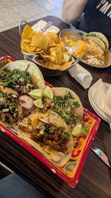 Street tacos, tongue steak, pork and chicken beef enchilada burrito and steak taco