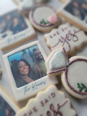 "She Said Yes" engagement cookies with edible photos. Perfect for proposals, bridal showers, & and wedding favors. Serving the Chicagoarea.