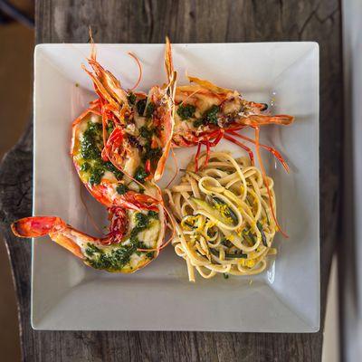 roasted wild-caught king prawn, sicilian mint sauce & trennette lemon pasta with zucchini & mascarpone