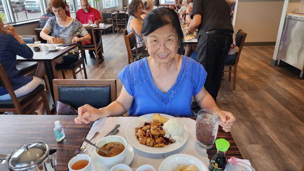 Rosie very happy with a great lunch.