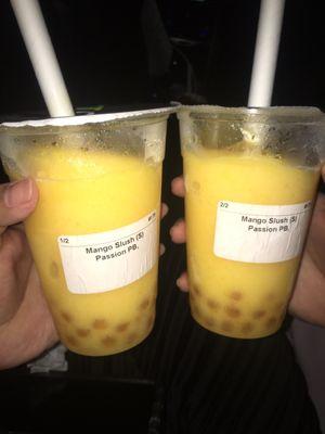 Mango slush with passion fruit popping bubbles Delicious