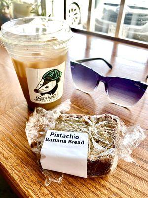Cold brew /oat milk and delicious pistachio banana bread!