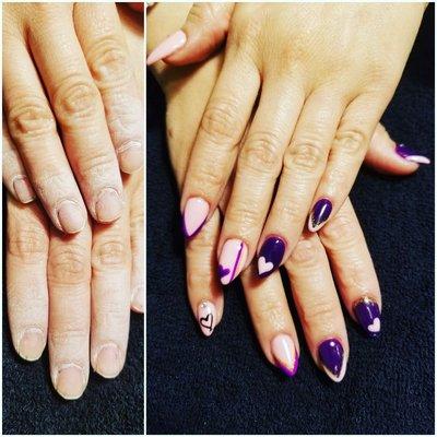 Acrylic almond shape with gel polish and design